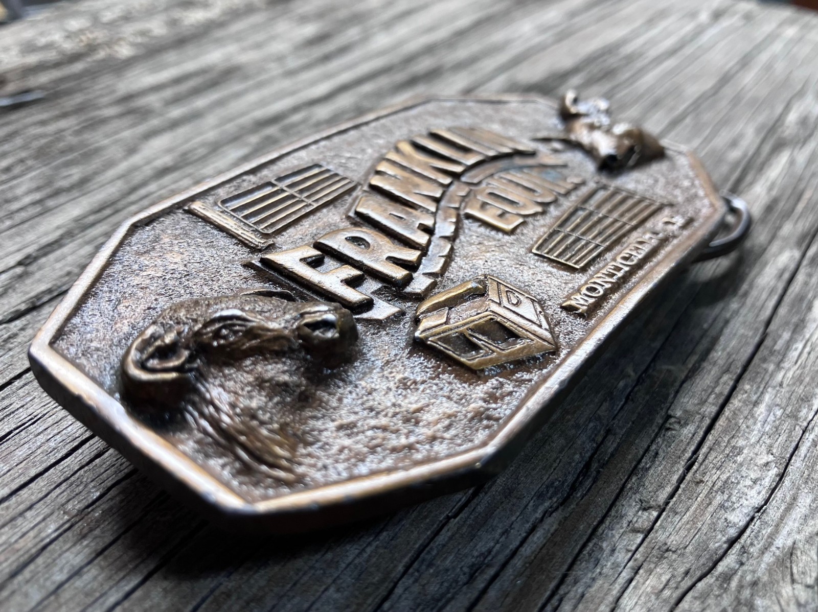 FRANKLIN EQUIPMENT Brass BELT BUCKLE 1983 Limited Edition Monticello, Iowa FARM