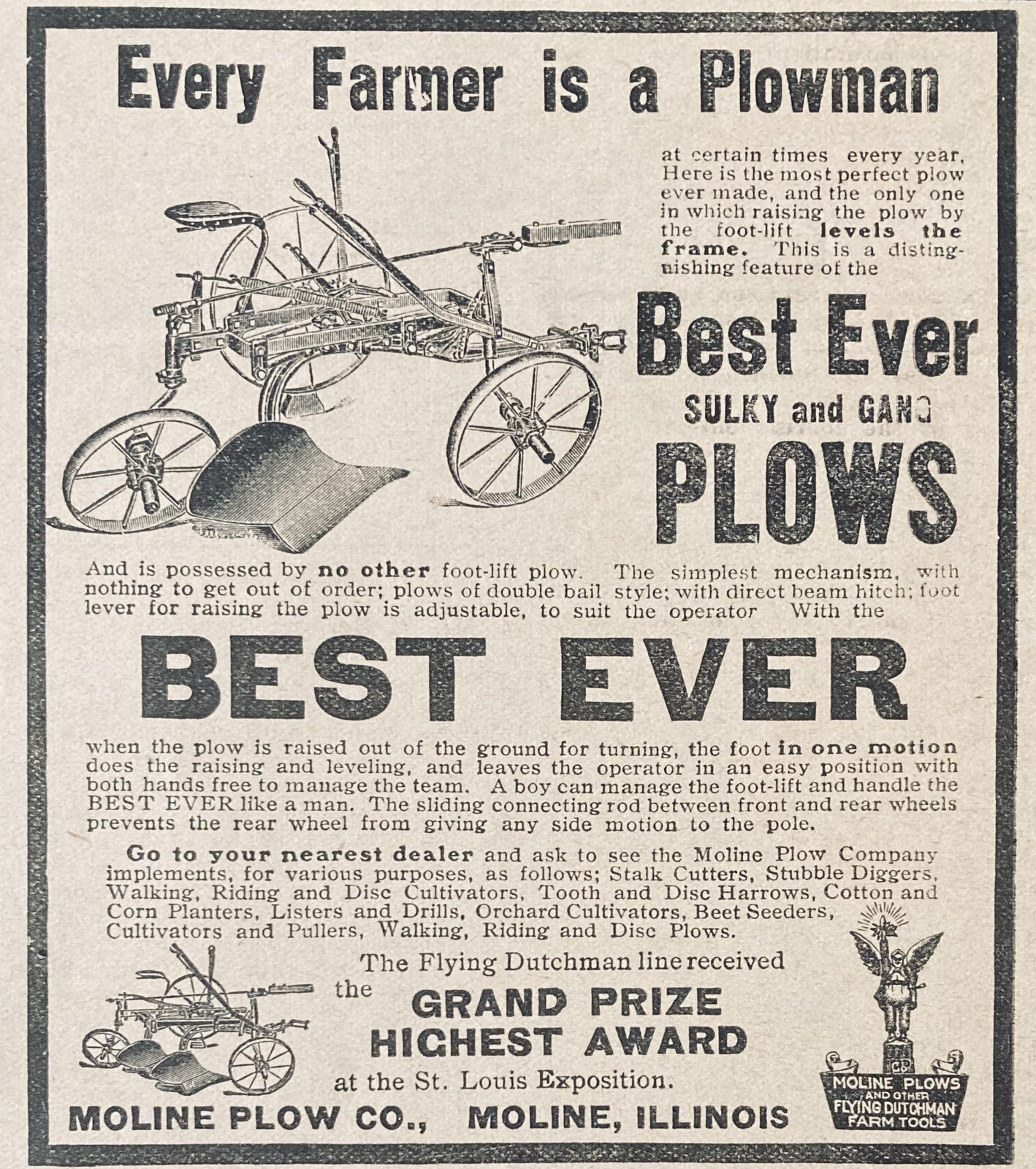 1905 AD.(XH29)~MOLINE PLOW CO. MOLIBE, ILL. “BEST EVER” SULKY GANG PLOWS