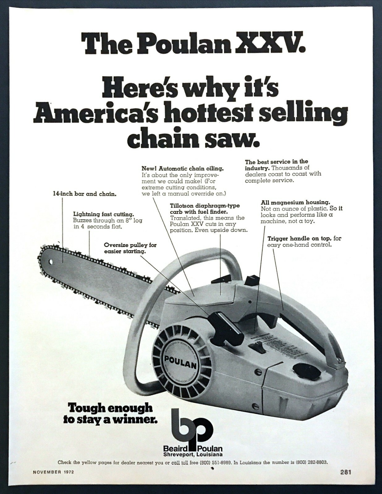 1972 Poulan XXV Chain Saw photo « Tough Enough to Stay a Winner » vintage print ad