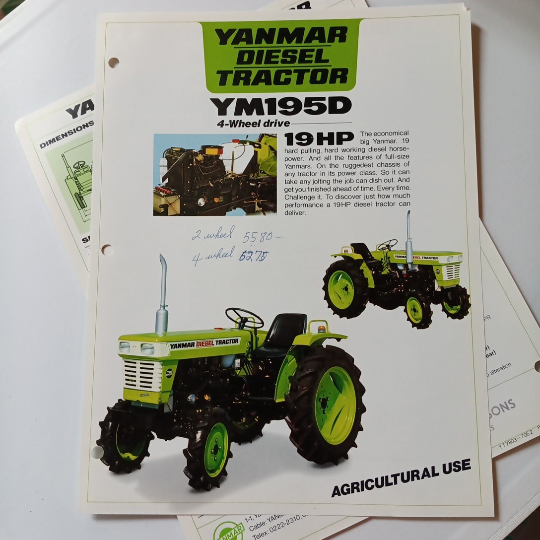 2 Yanmar Diesel Tractor YM195, YM195D Spec Sales Sheet Flyer Farm Equipment Agri
