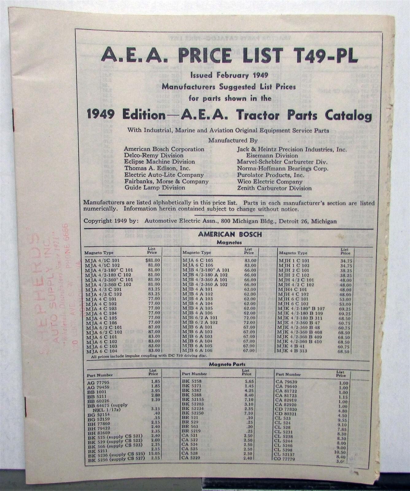 1949 A.E.A. Tractor &rsquo;36-&rsquo;48 Models Specs Construction Parts Catalog & Price List