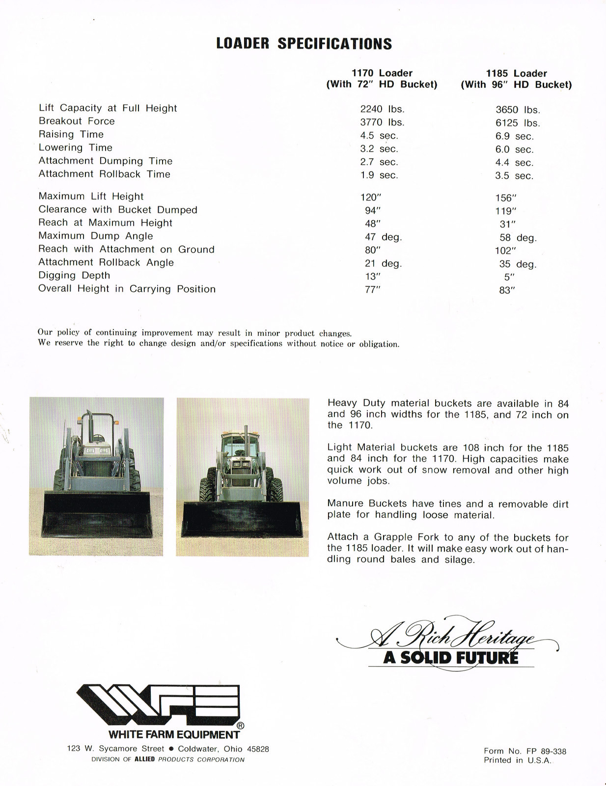 WHITE 1170 / 1185 LOADER Brochure / Catalog / Ad: HD Bucket,