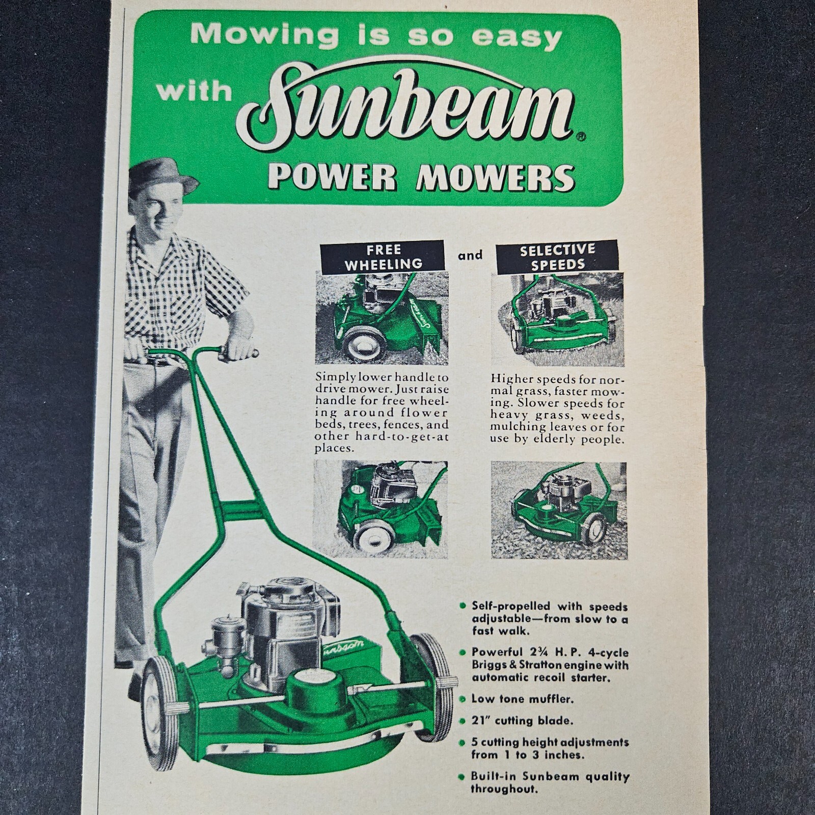 1957 Sunbeam Power & Electric Mowers Vintage Print Ad Twin Blade Attachments