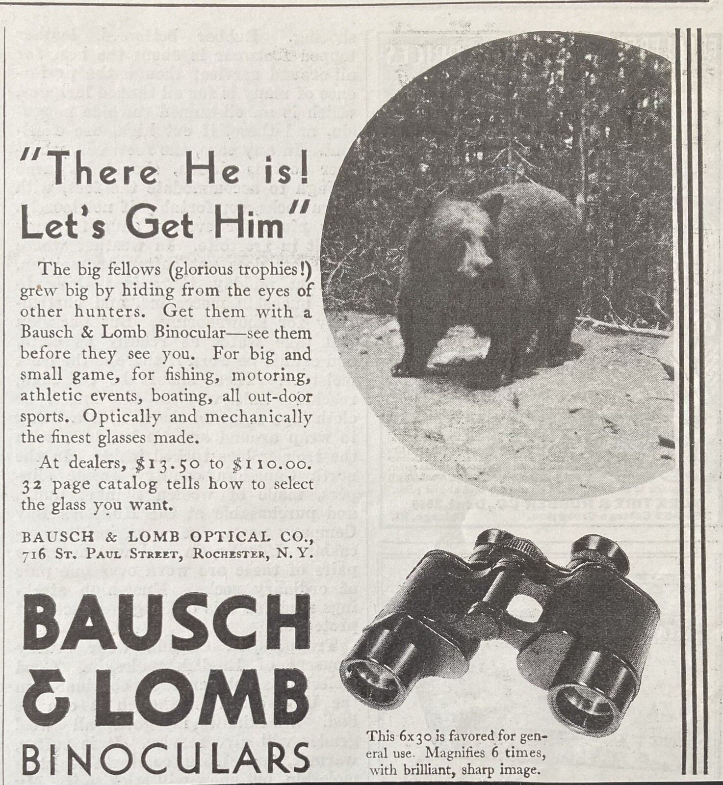 1932 AD.(XH65)~BAUSCH & LOMB OPTICAL CO. ROCHESTER, NY. BINOCULARS FOR HUNTING