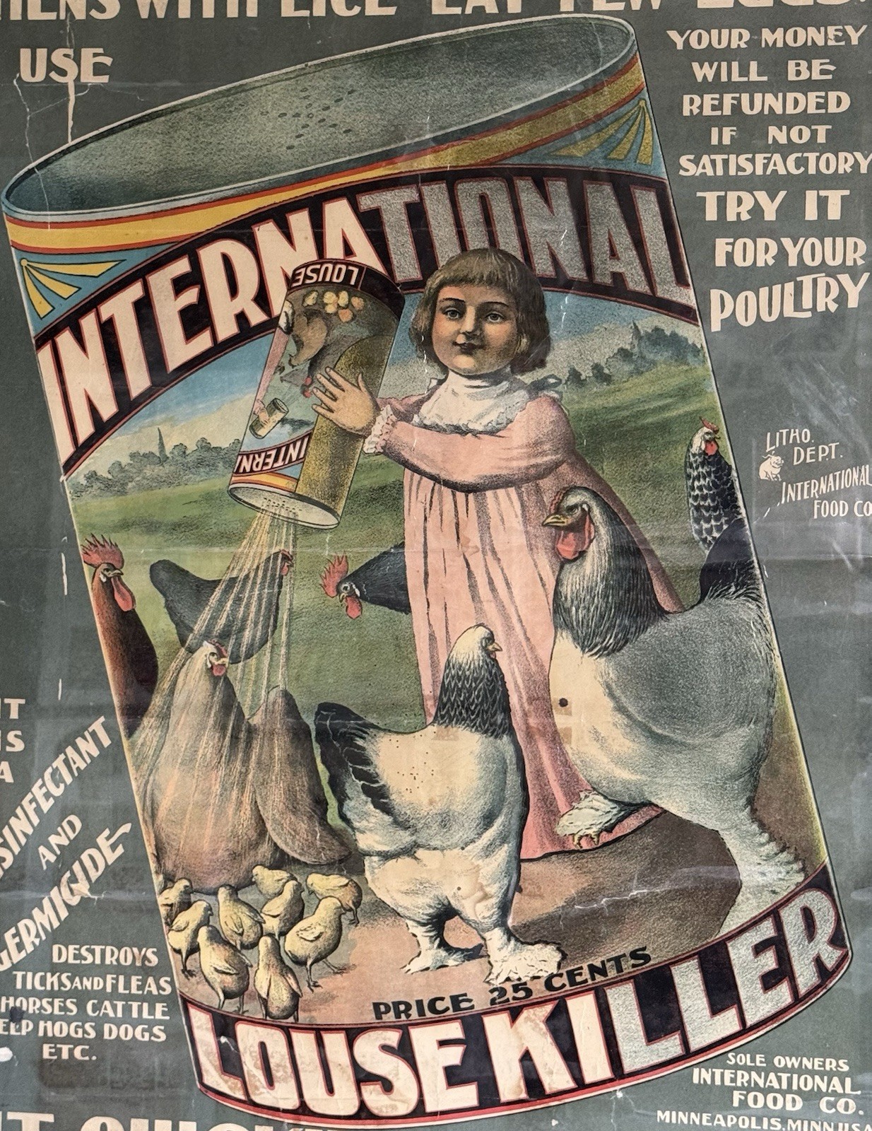 Early 1900’s International Louse Lice Killer Advertising Poster In Maple Frame