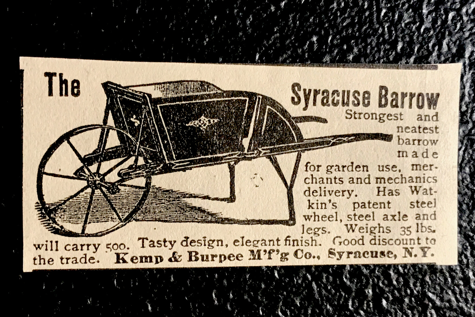 1886 Syracuse Wheelbarrow Farm Advertising – Kemp & Burpee – Syracuse – New York