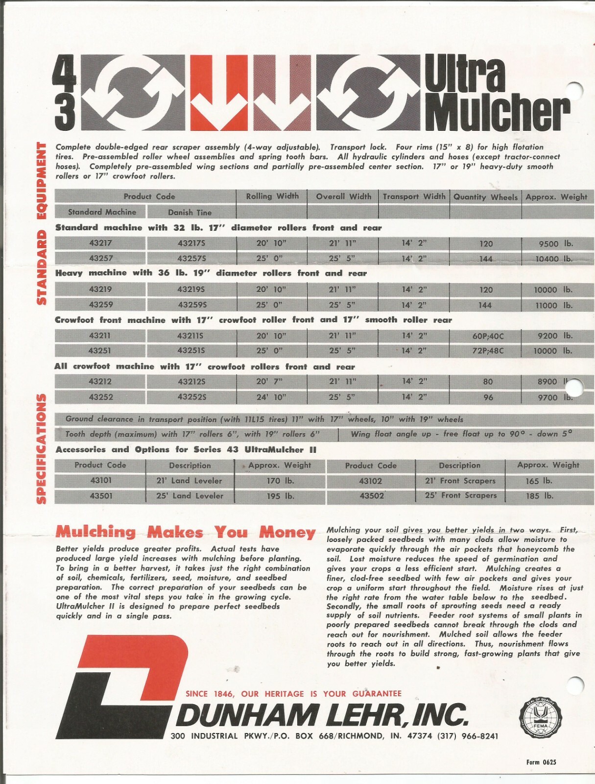 Original Dunham Lehr Series 43 UltraMulcher Ultra Mulcher II Sales Brochure 0625
