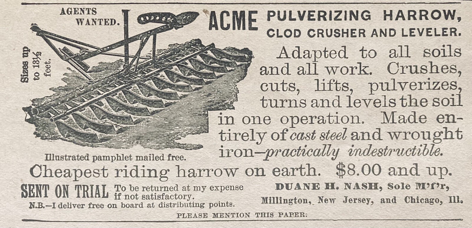 1896 AD.(XH45)~DUANE H. NASH MFG. CO. MILLINGTON, NJ. “ACME” PULVERIZING HARROW