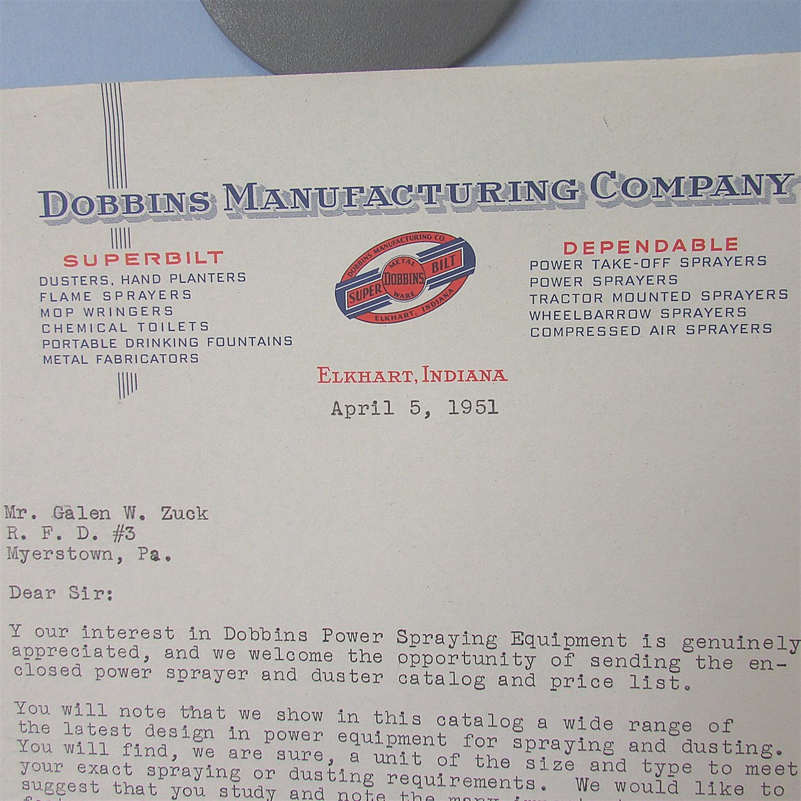 1951 LETTERHEAD Dobbins Manufacturing Advertising Agriculture Sprayers Vintage