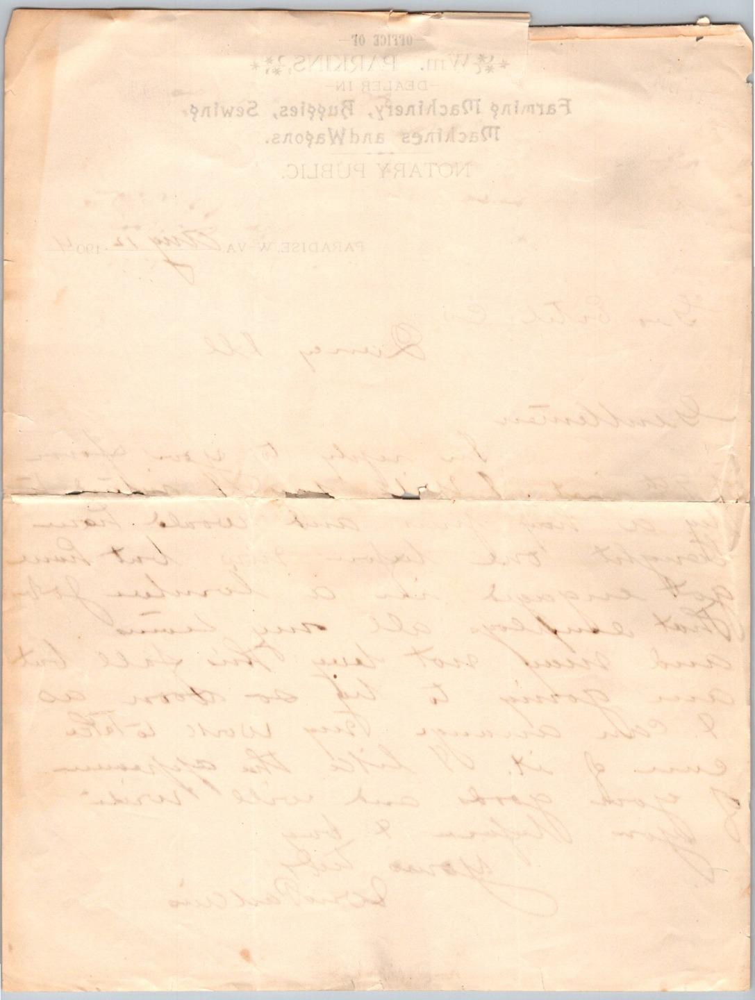 1904 PARADISE WEST VIRGINIA*WV*PARKINS*FARM MACHINERY*BUGGIES*WAGONS*SEWING MACH