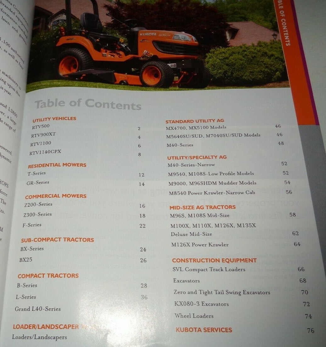 Kubota 2011 Full Line Sales Brochure Manual Tractor Excavator UTV Lawn Tractor