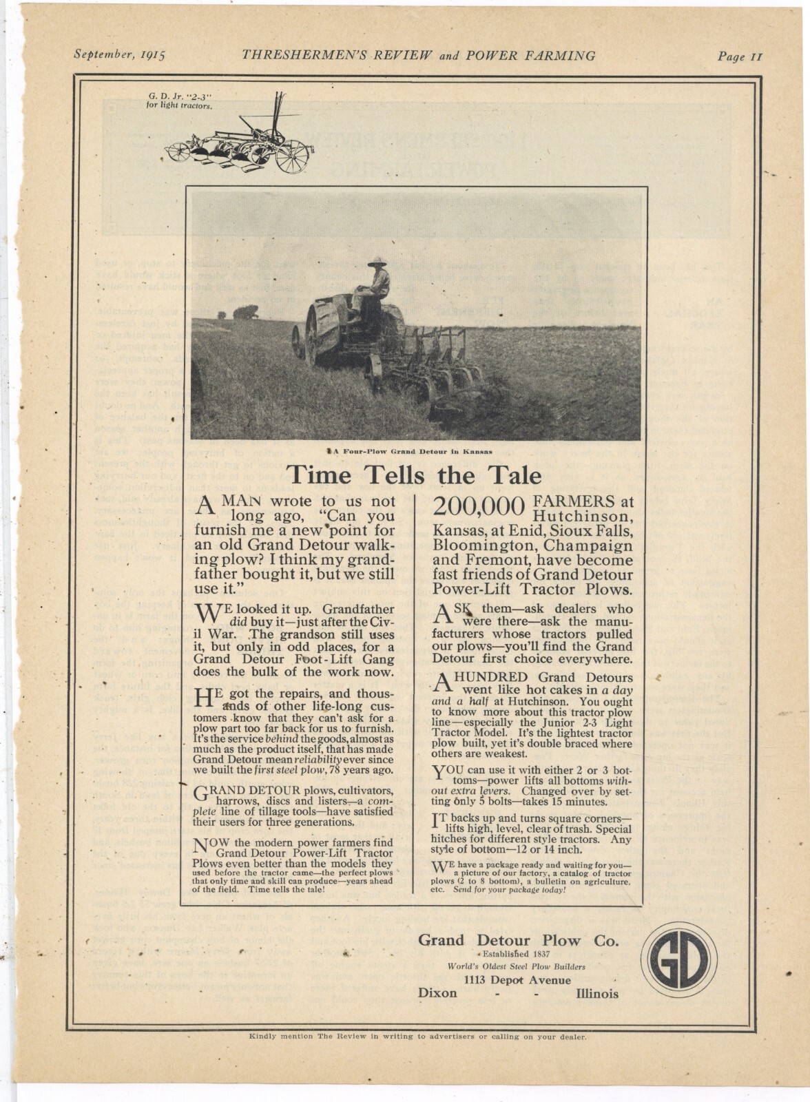 1915 Grand Detour Plow Ad: Power Lift Tractor Plows – Foot Lift Gang. Dixon IL