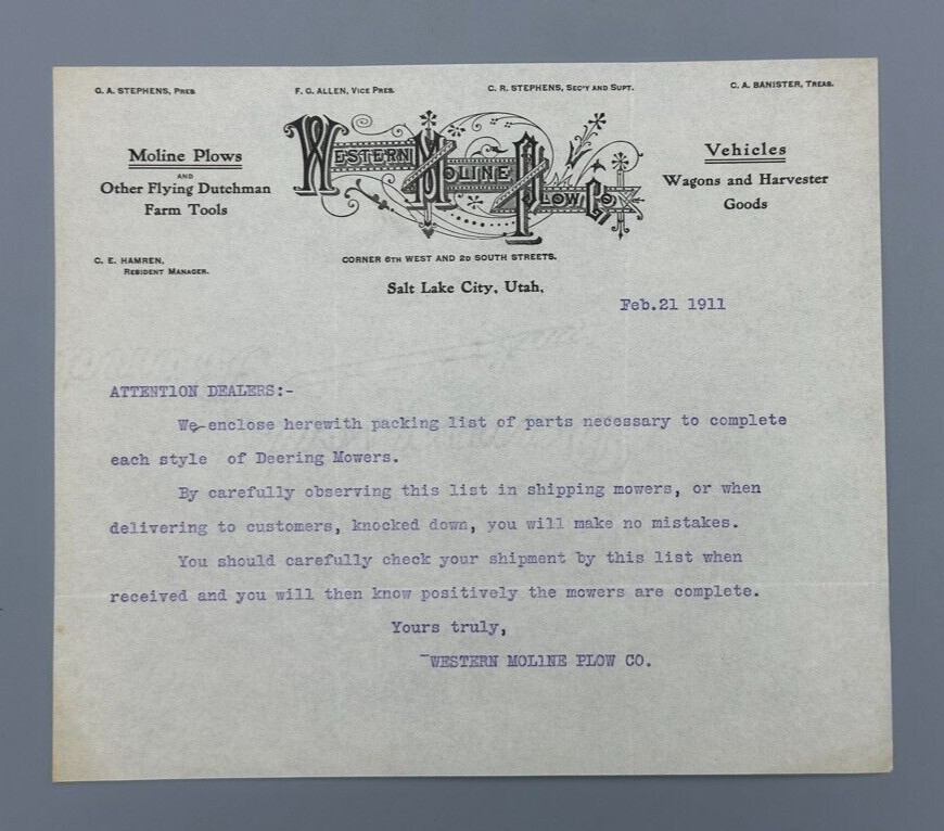 1911 WESTERN MOLINE PLOW Co FARM Advertising SALT LAKE CITY Utah Letter Antique