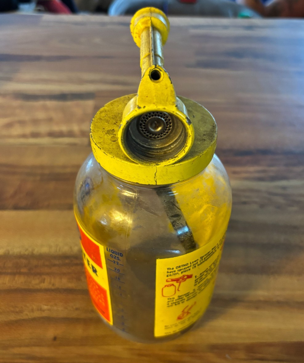 Vintage Ortho Lawn Sprayer Glass Jar Yellow Metal Lid 8&Prime; w/ Instructions on Jar