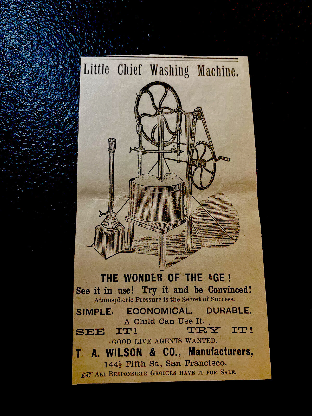 1883 Little Chief Washing Machine Farm Advertising Engraving – San Francisco
