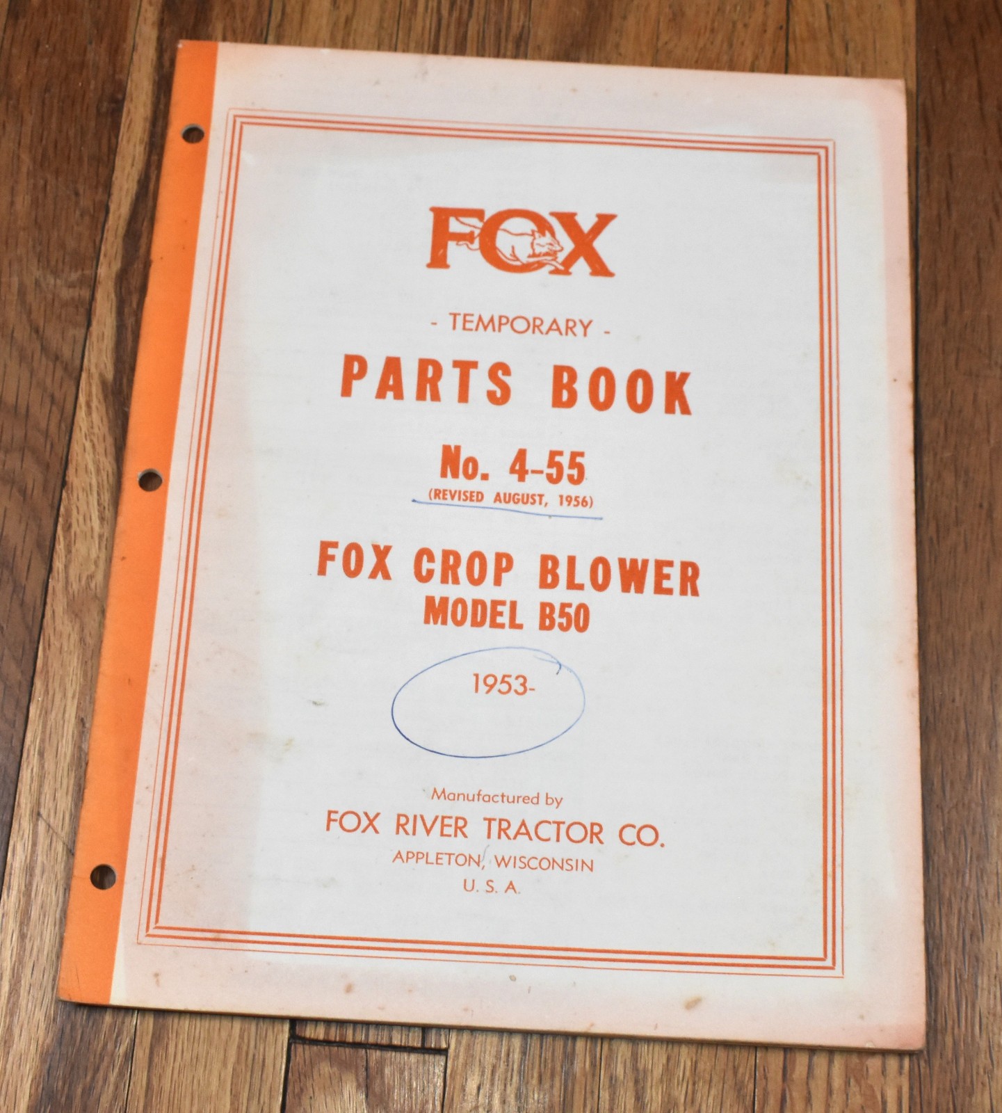 Vintage Fox River Tractor Co Parts Book No. 4-55 Crop Blower Model B50