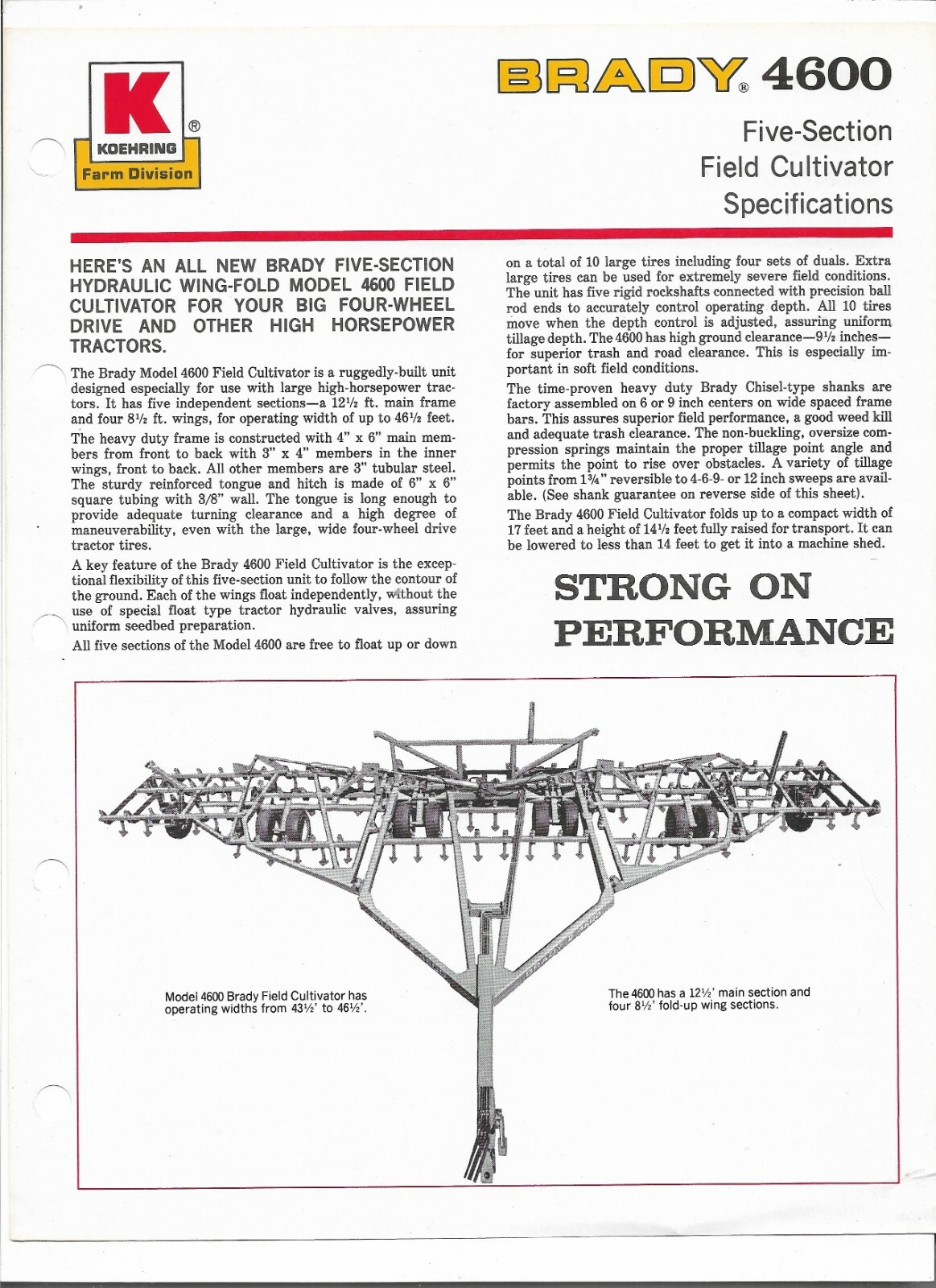 Original Brady Koehring 4600 Five Section Field Cultivator Spec Sheet Brochure