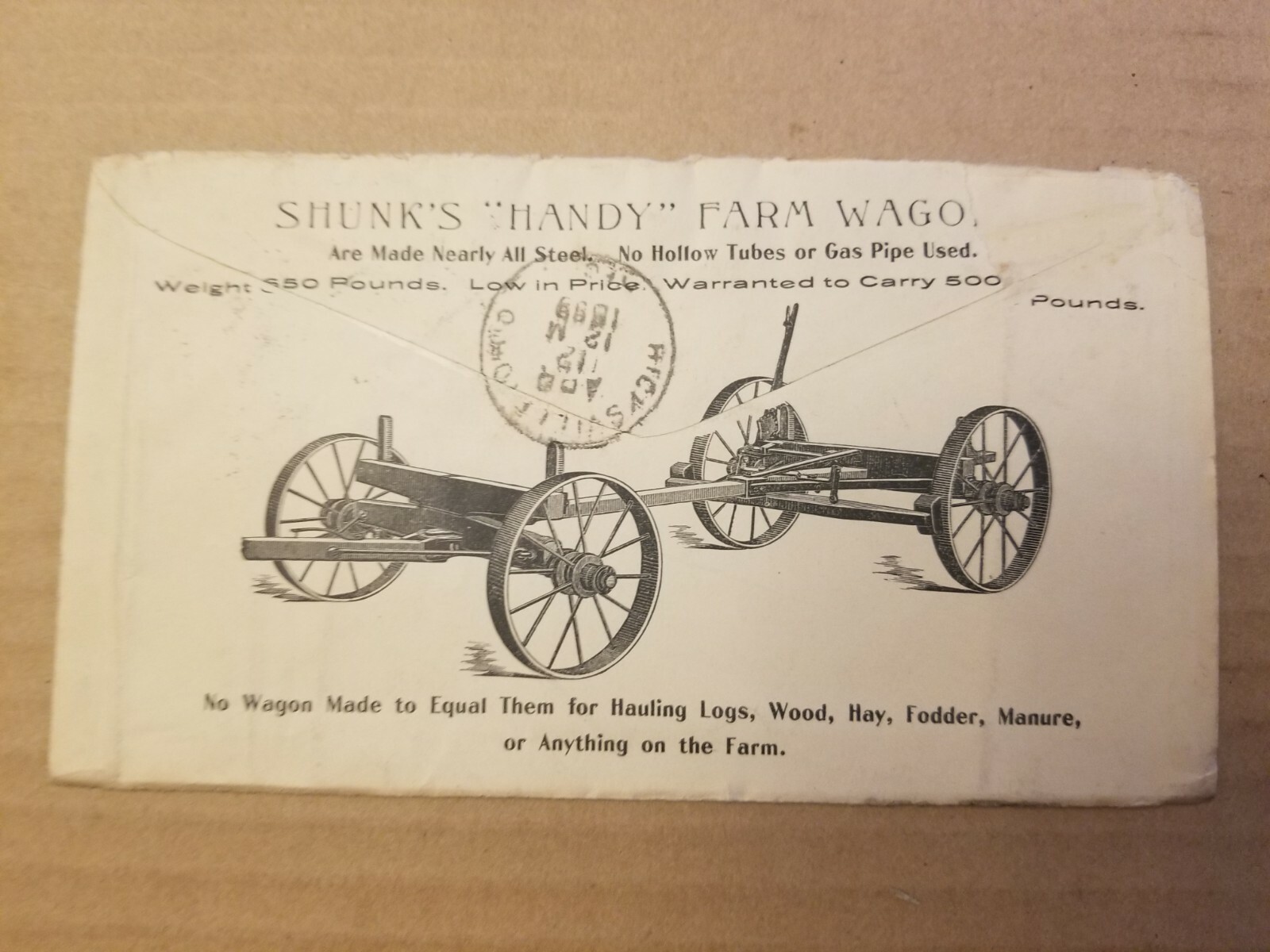 1899. SHUNK PLOW CO. RAILROAD FREIGHT RECEIPT.