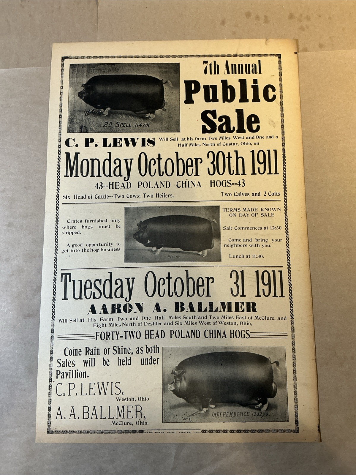 Antique 1911 Original Auction Poster China Hog Public Sale Ohio As Is INV-AC07Z