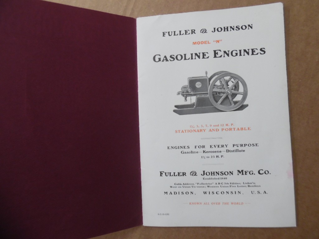 1920 Fuller & Johnson Model N Gasoline Engine Catalog Madison Wisconsin Antique