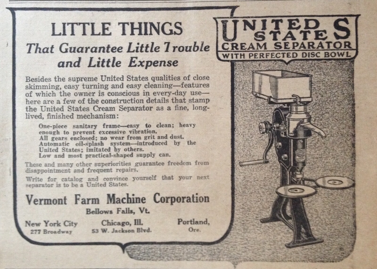 1920 AD(XF1)~VERMONT FARM MACHINE, BELLOWS FALLS, VT. U.S. CREAM SEPARATOR