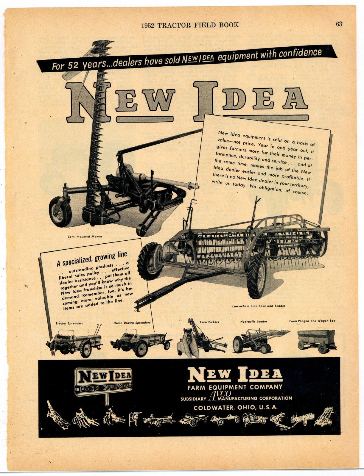 1952 New Idea Farm Equipment Co. Ad: Spreaders, Pickers, Loaders Pictured