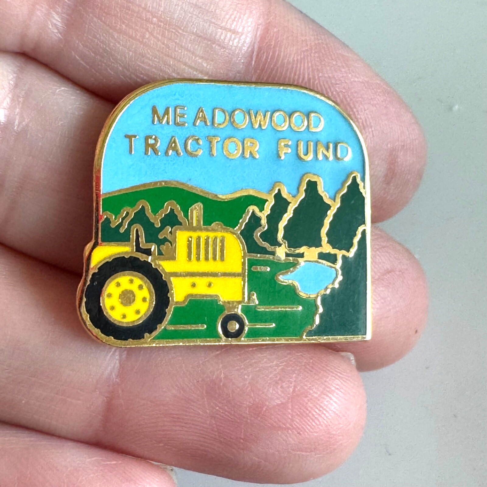 Meadowood Tractor Fund Farm Agricultural Lapel Pin Gold Tone Hat Tack Vintage