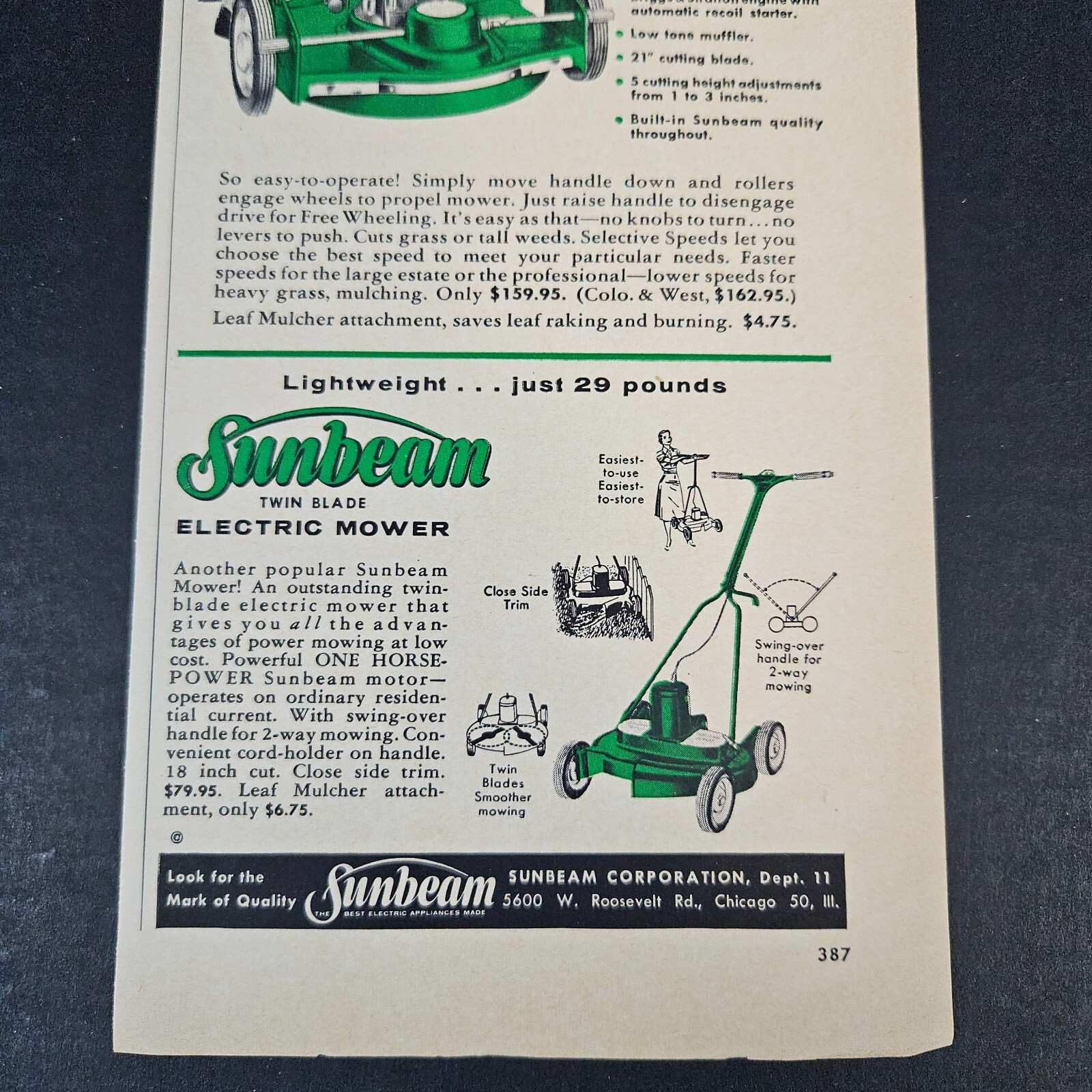 1957 Sunbeam Power & Electric Mowers Vintage Print Ad Twin Blade Attachments