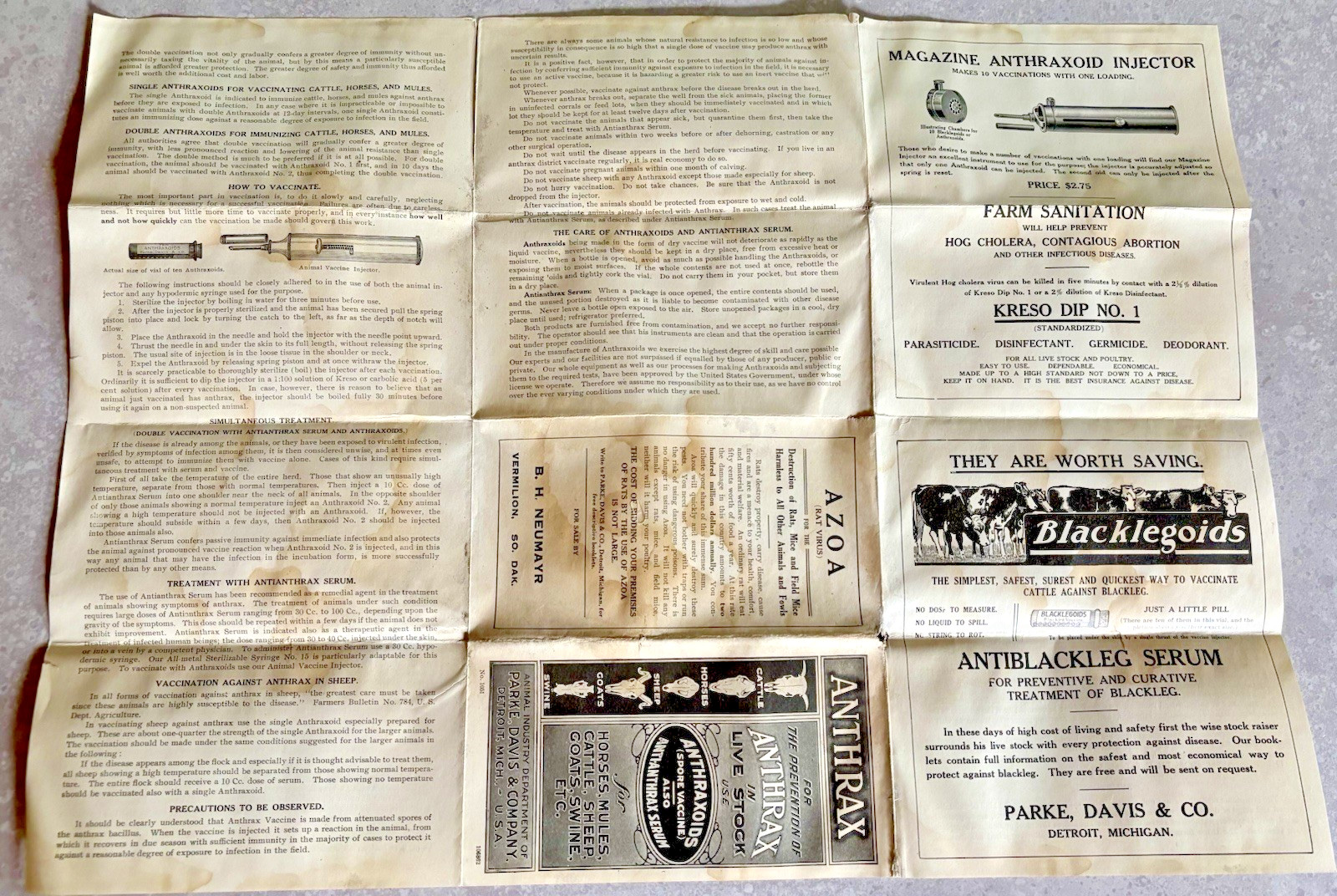 Anthrax Live Stock Vaccine & Serum Parke Davis & Company Advertising Brochure