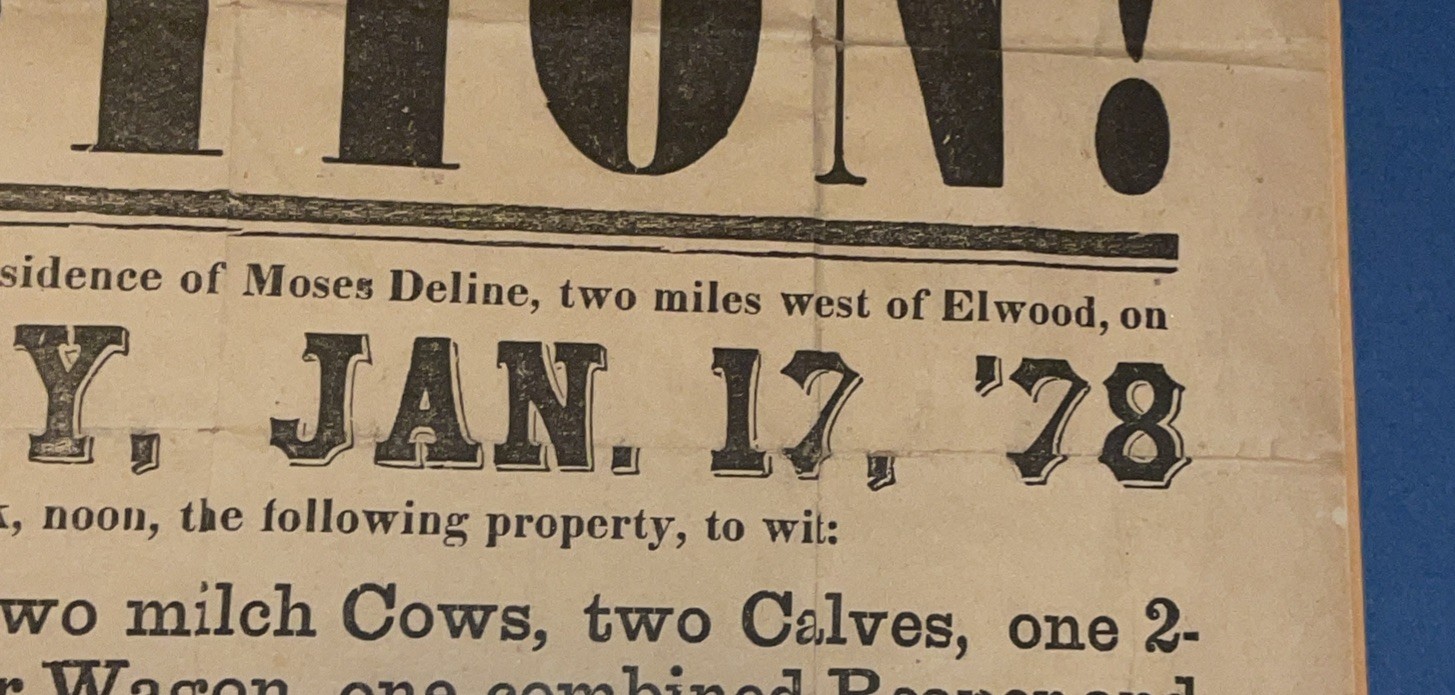 Antique Auction Poster Horses, Cattle, Livestock, Farm Implements Elwood iN 1878