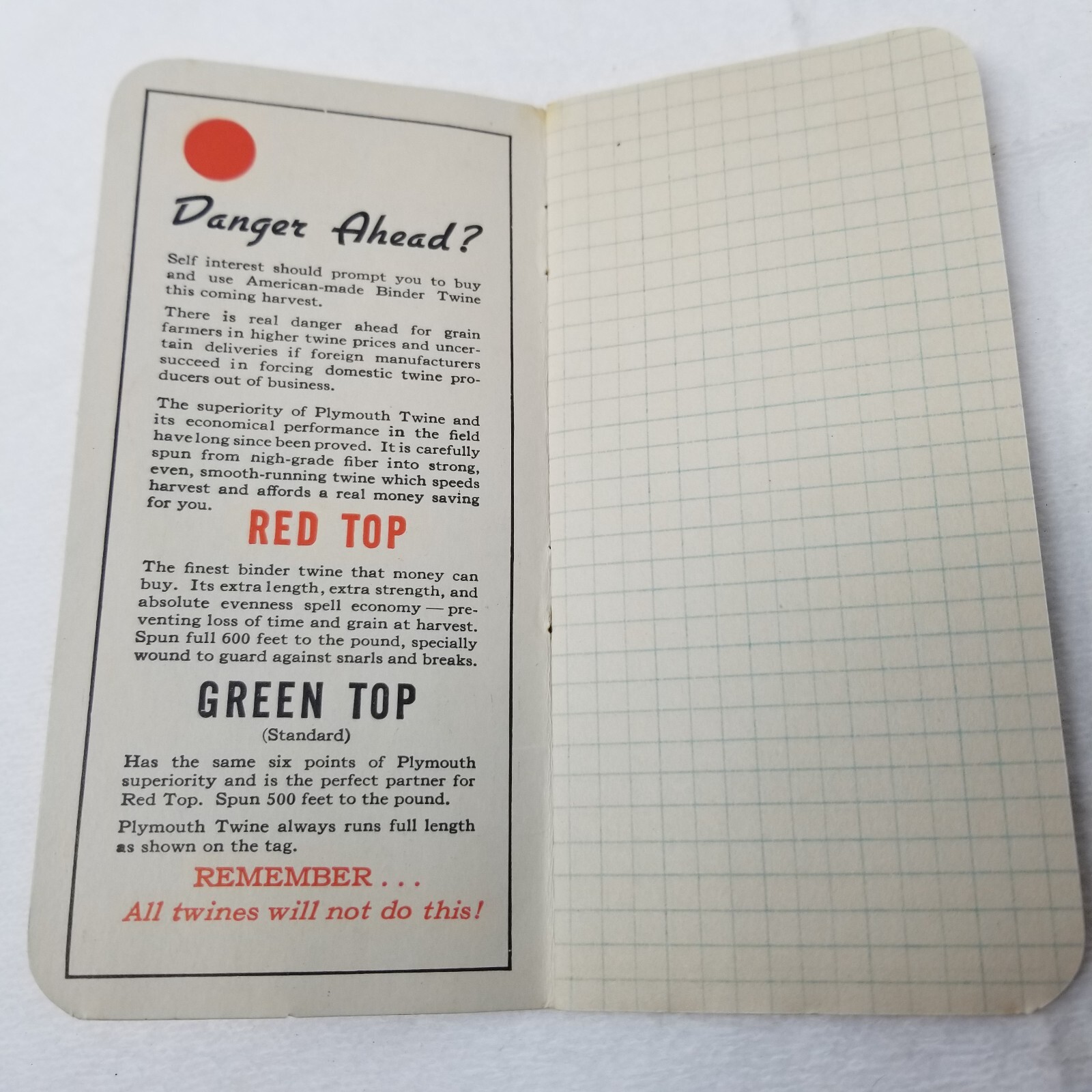Plymouth Binder Twine Pocket Notebook 1938 Plymouth Cordage Co No. Plymouth Mass