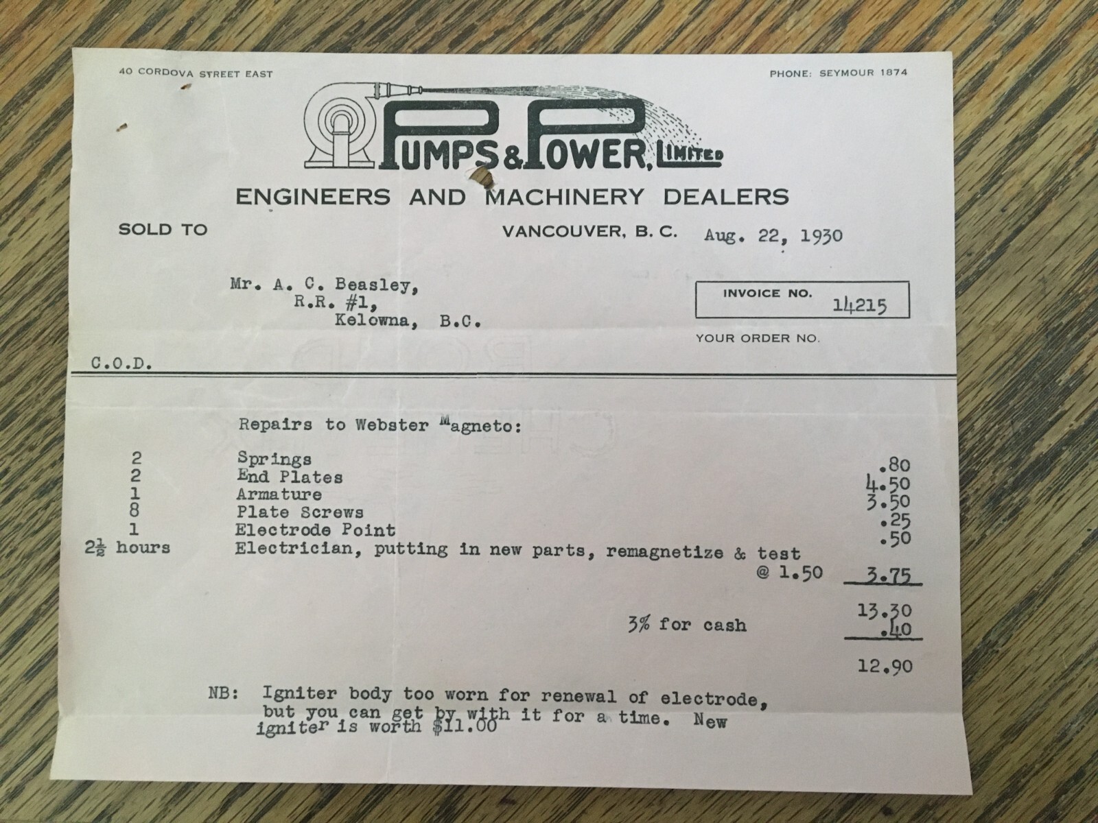 Pumps Power Engineer Machinery Receipt 1930 Vancouver BC Cattle Rancher Okanagan