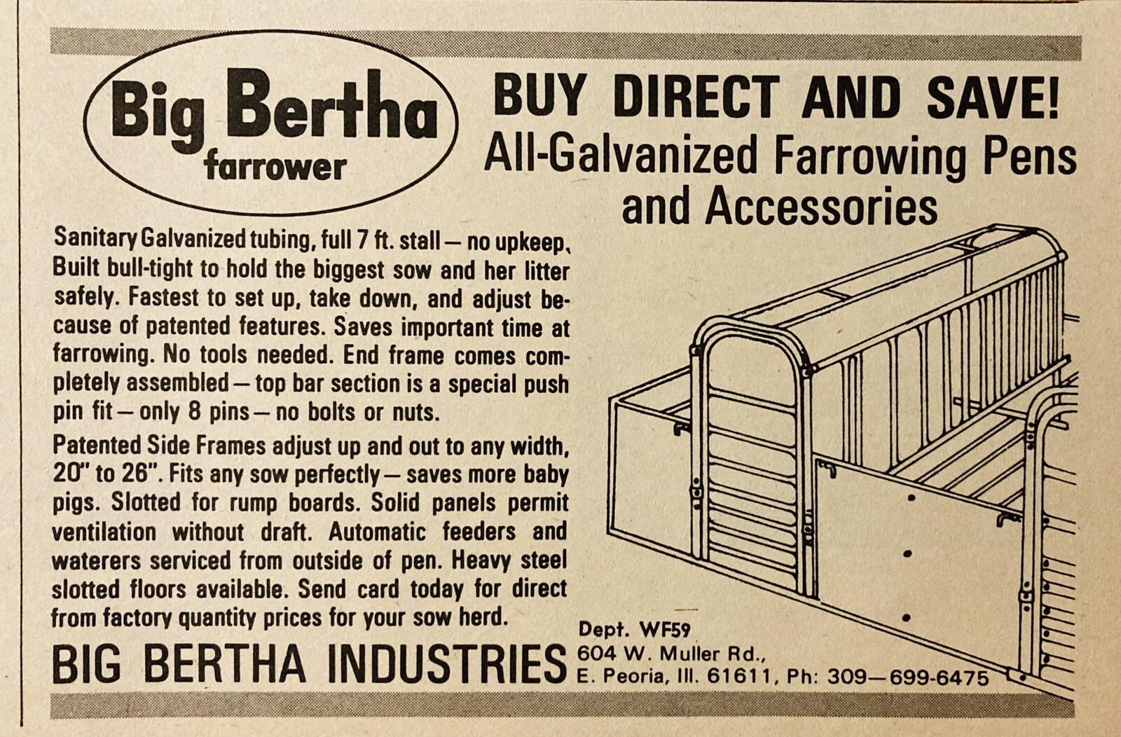 1969 AD.(XH78)~BIG BERTHA INDUSTRIES, E. PEORIA, ILL. GALVANIZED FARROWING PENS
