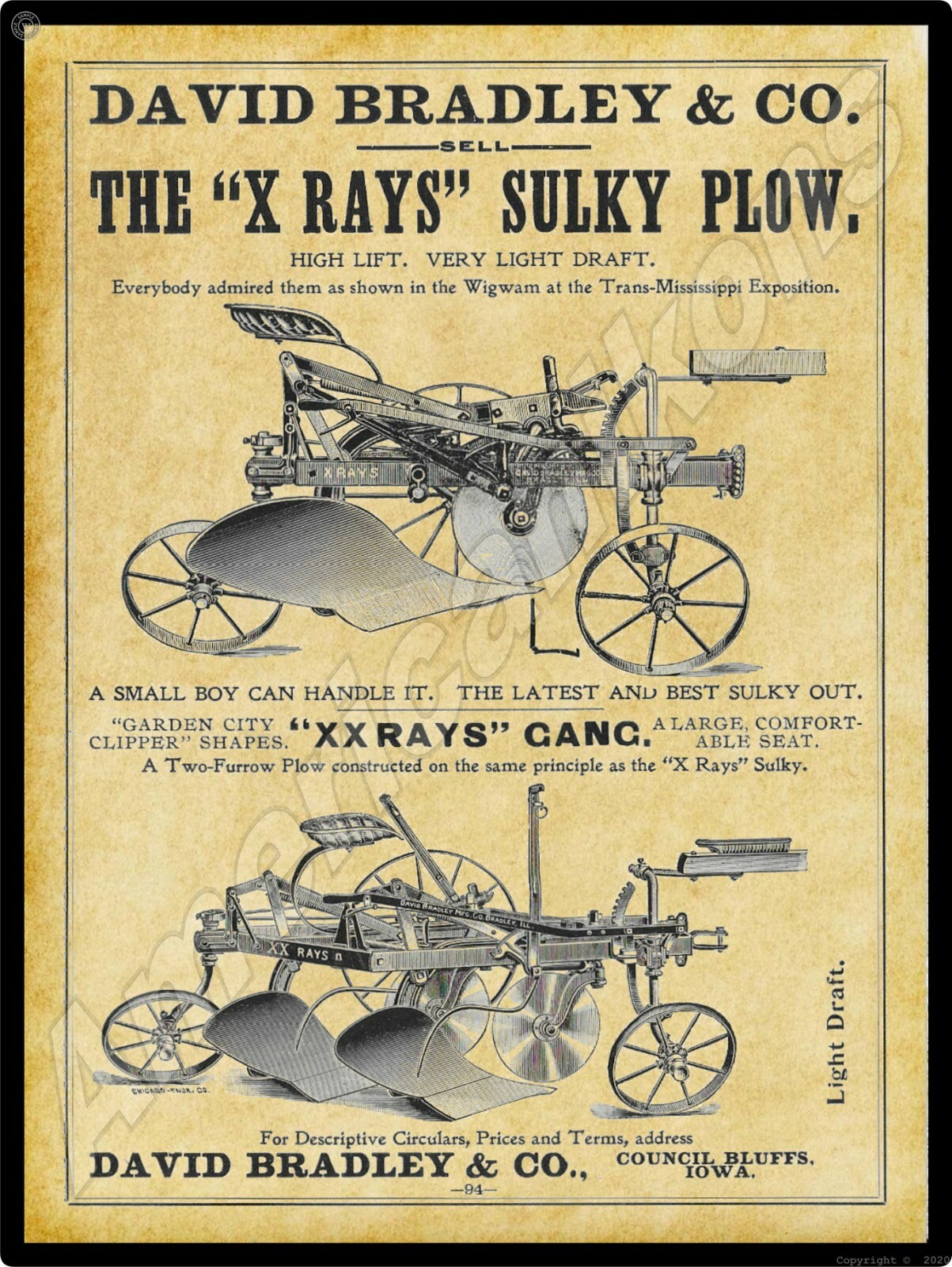 1899 David Bradley Farm Eqpt. New Metal Sign: X Rays Sulky Plow, Council Bluffs