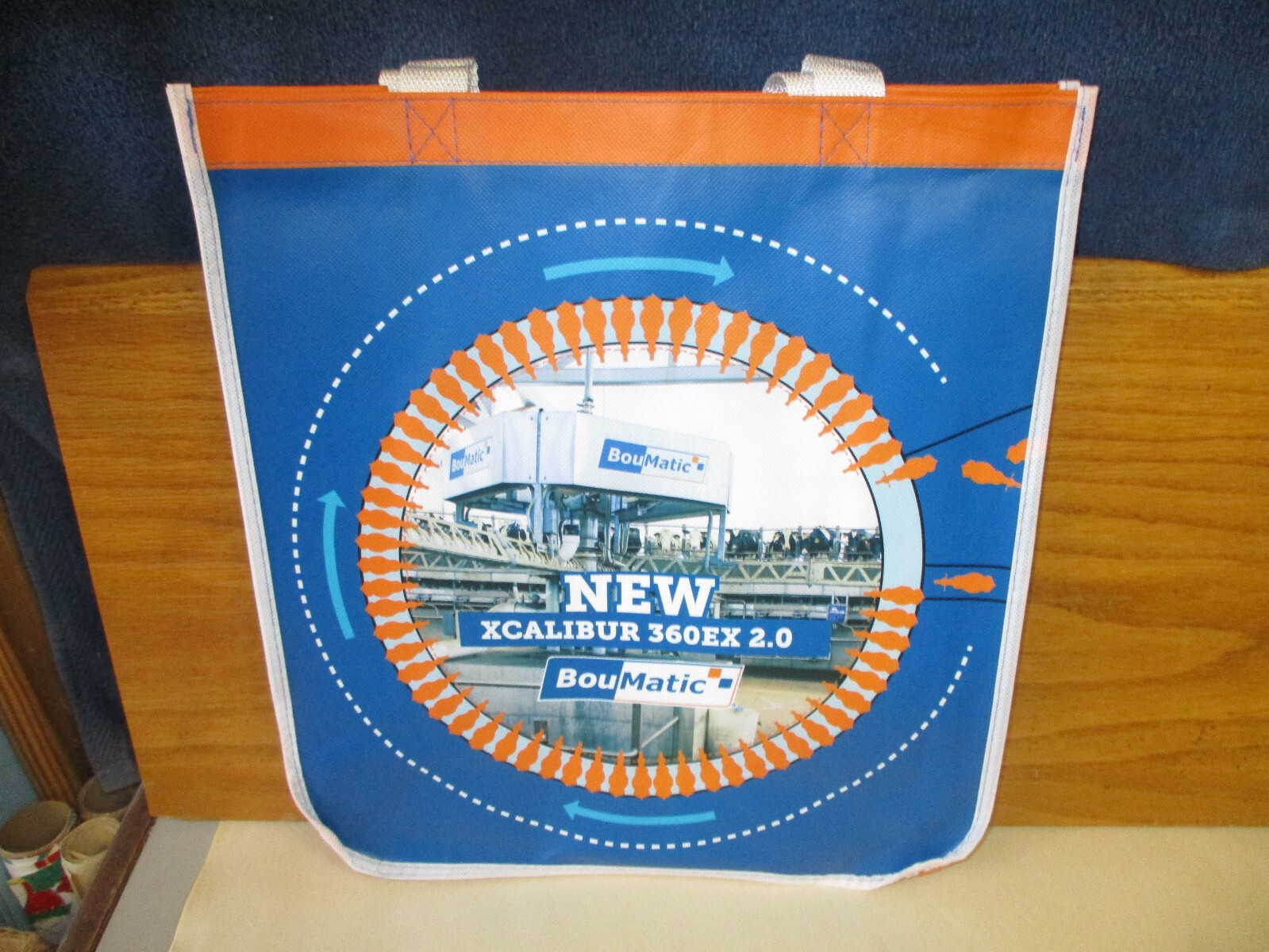 2 BOUMATIC DAIRY Shopping Bag Lot 13.5&Prime;x13.75&Prime; (Orange/Blue) XCALIBUR 360EX 2.0