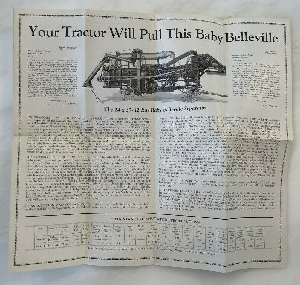 Baby BELLEVILLE THRESHING Antique HARRISON MACHINE WORKS Farm Advertising IL