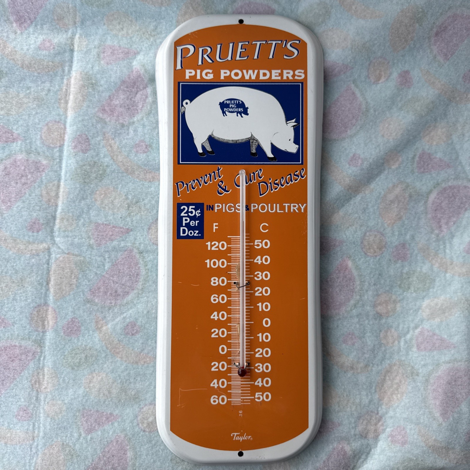 Vintage Pruett’s Pig Powders 16” Metal Taylor Thermometer -Tin Farm Sign!