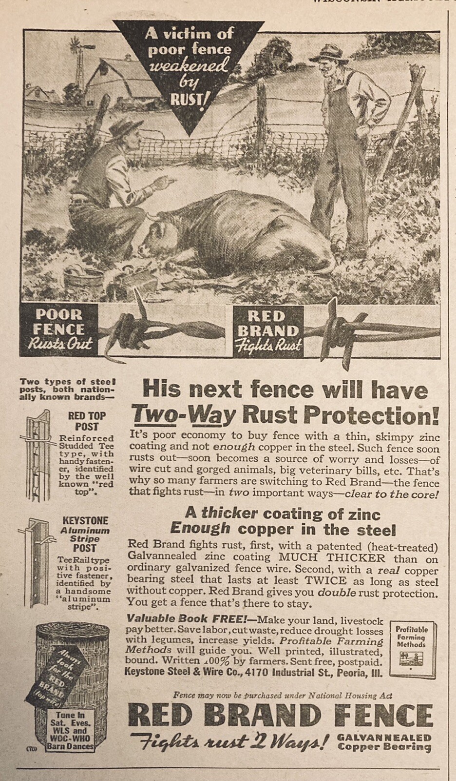 1935 AD.(XH23)~KEYSTONE STEEL & WIRE CO. PEORIA, ILL. RED BRAND FARM FENCE