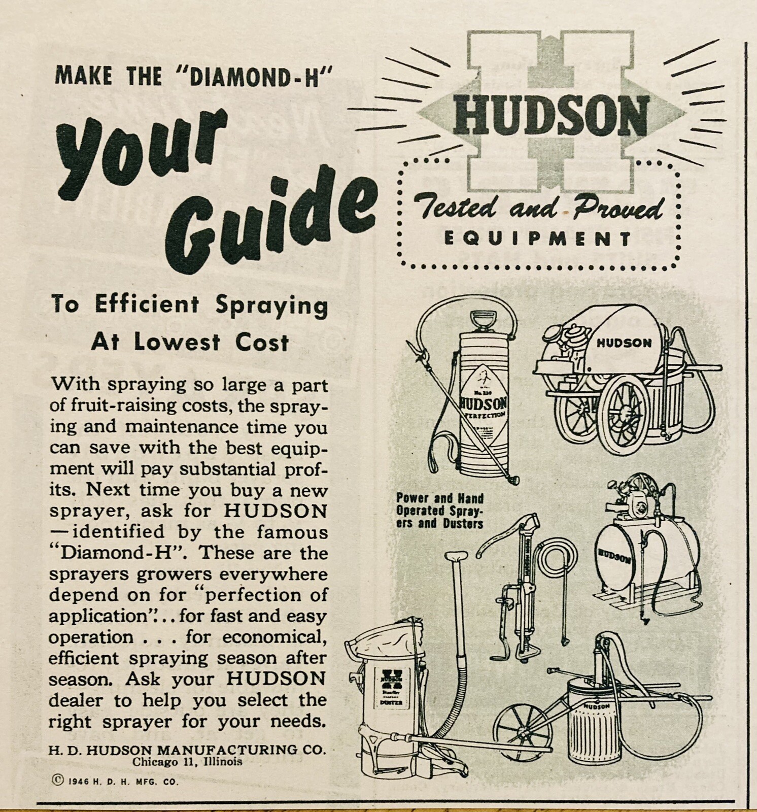 1946 AD.(XF14)~H.D. HUDSON MFG. CO. CHICAGO. HUDSON “DIAMOND H” ORCHARD SPRAYERS