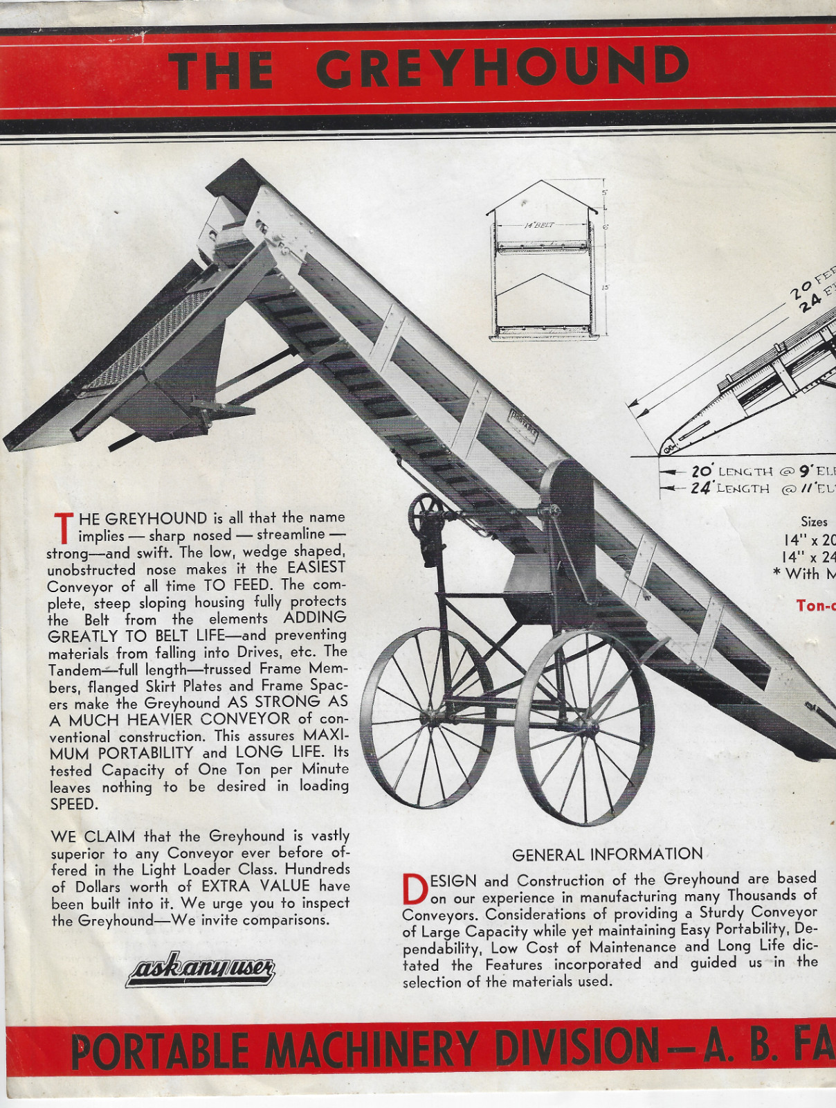 Vintage Greyhound Conveyor Ad Bi Fold Brochure by Portable Farm Machinery