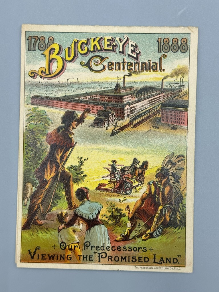 1888 BUCKEYE MOWER Farm Advertising Fold Trade Card PRESIDENT HARRISON CLEVELAND