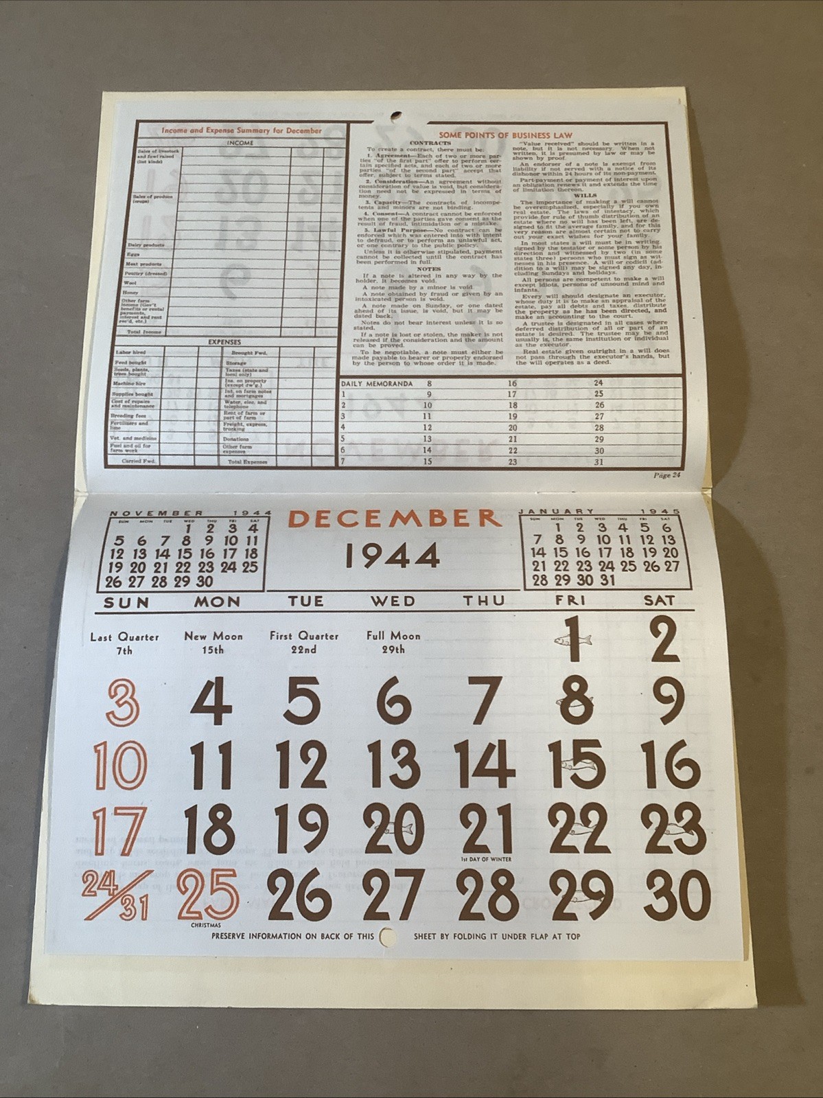 1944 Muntz-McLaughlin Co. Farm Inventory Calendar Holgate OH INV-P0547