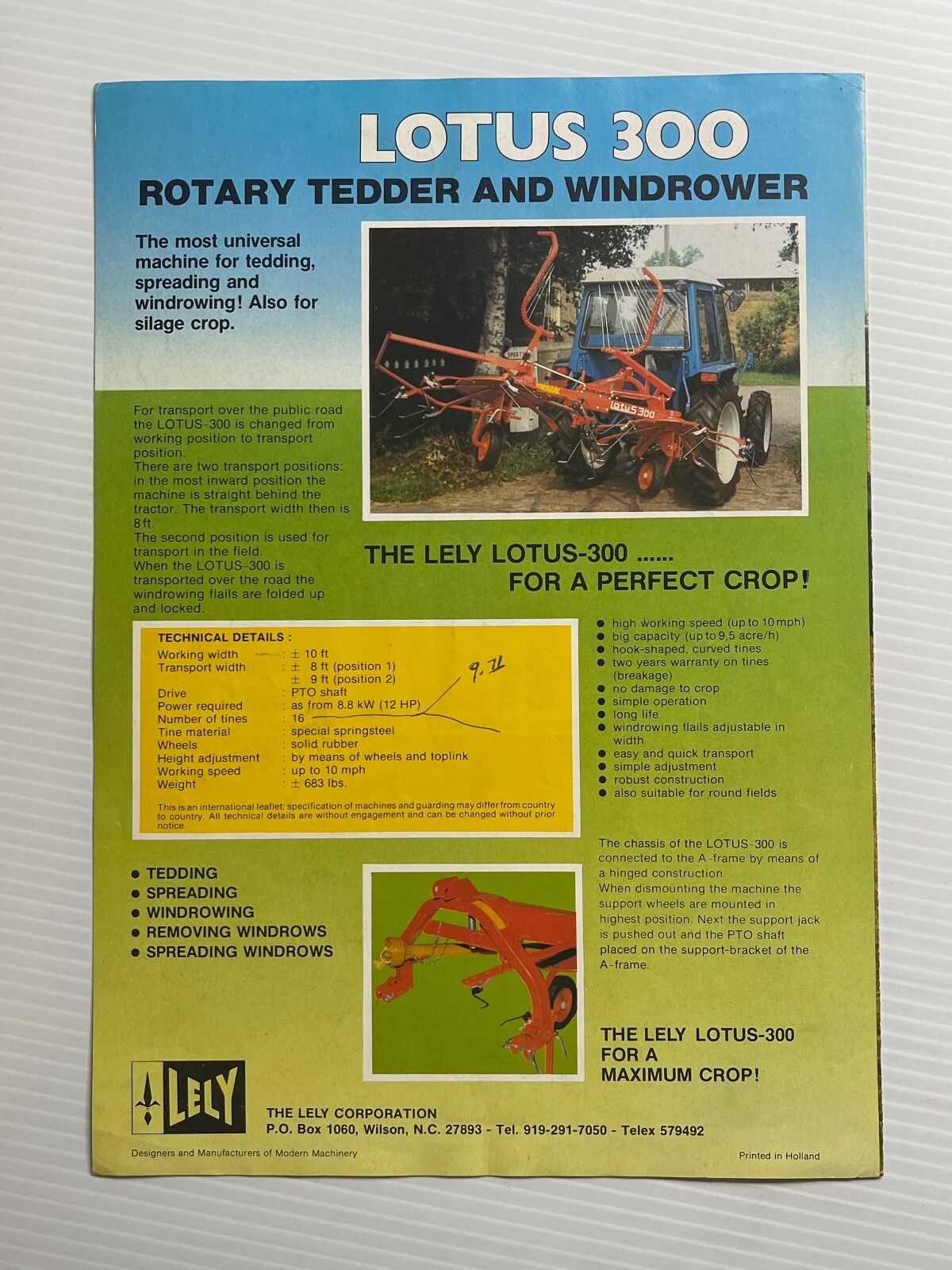 Lely Lotus 300 Rotary Tedder And Windrower Sales Brochure *1970s (Showroom Book)