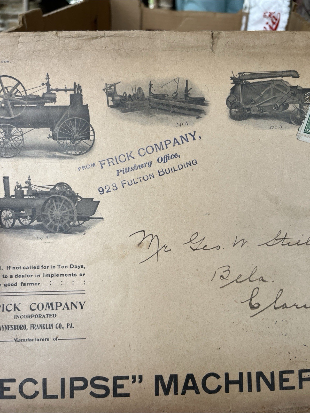 Antique Frick Eclipse Steam Tractor Engine Large Envelope, Bela Pa. Clarion Co.