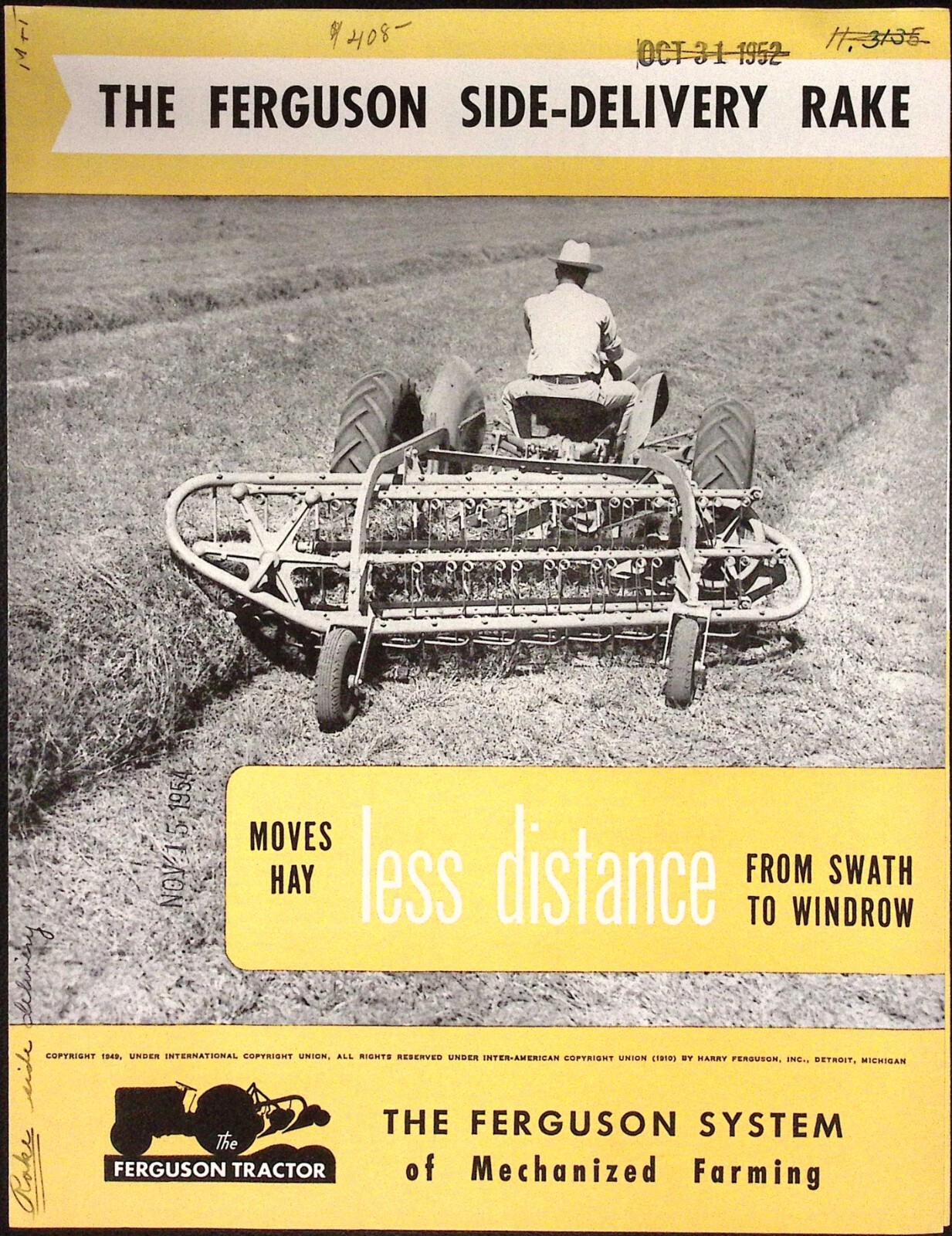 1952 Freguson Side Delivery Rake Ferguson Tractor Detroit MI Dealer Brochure