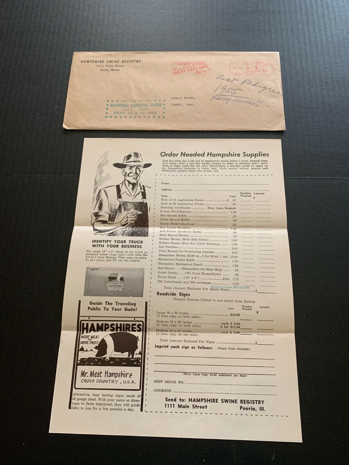 Vintage Hampshire Swine Registry Mail Order Advertisement With Envelope