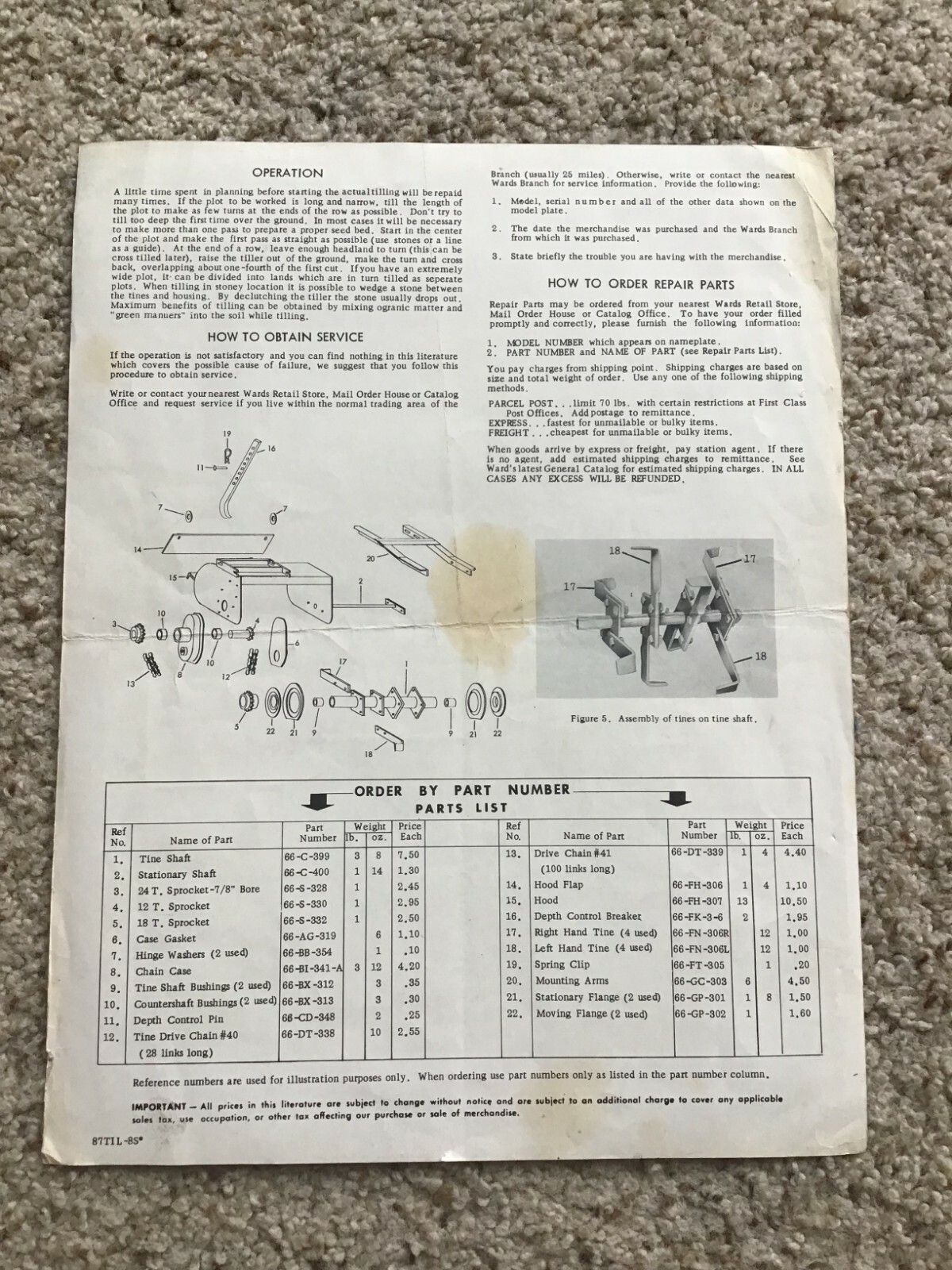 Vintage Wards Rotary tiller attachments, owners guide sheet.