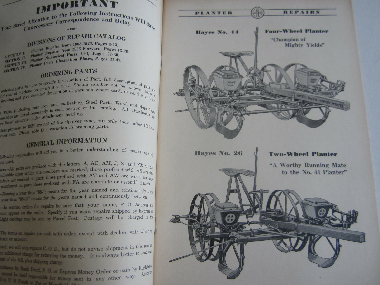 Old Vintage 1936 HAYES PLANTER – Agriculture CATALOG – Farm Tools – Mansfield OH