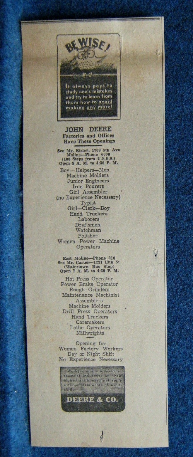 1943 John Deere Needs Help During WW2 – Davenport IA Times Newsp. Ad Notice