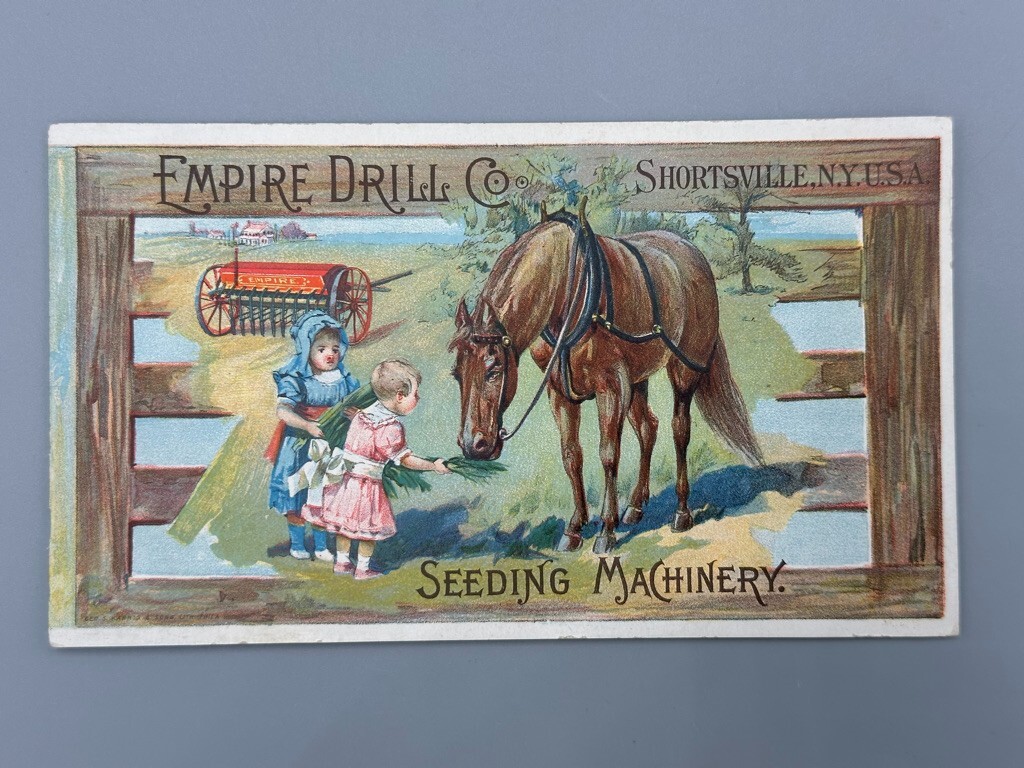 1880s EMPIRE DRILL Victorian FARM HORSE Advertising Trade Card SHORTSVILLE NY